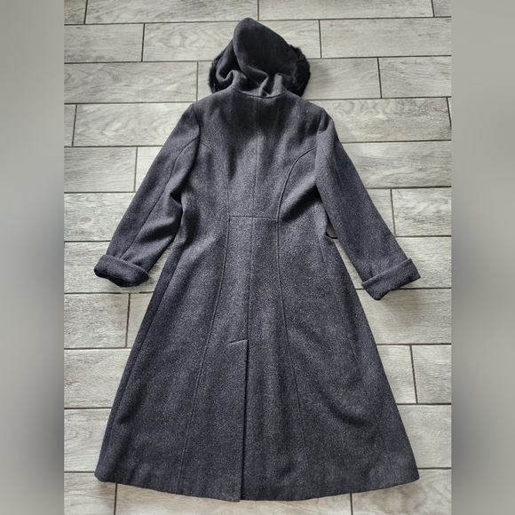 Worthington Long Wool Womens Trench Coat 10 P Rabbit Fur Trim Hooded Gray Vtg - Picture 7 of 15